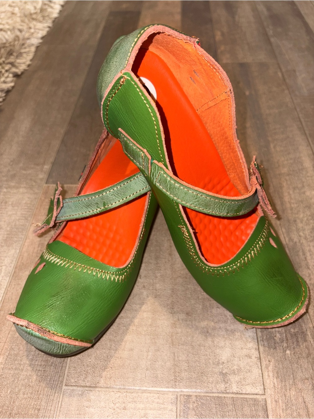 Maia Green Leather Mary Jane Flats with Orange Insole leather flowers, slip on